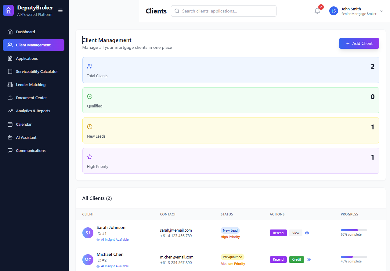 Client Management Dashboard Screenshot